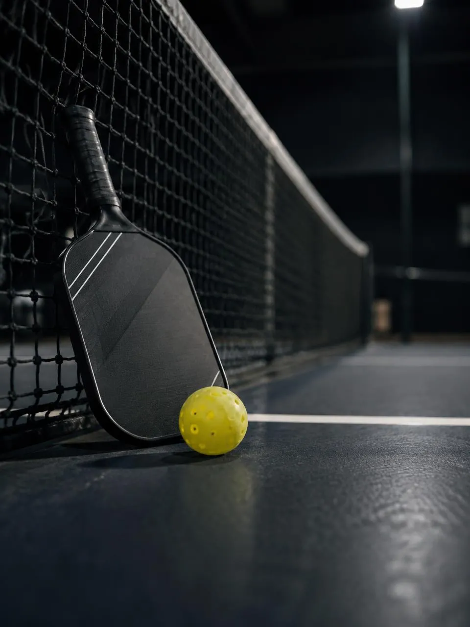 Pickleball-maila ja keltainen reikäpallo verkon vieressä sisäkentällä